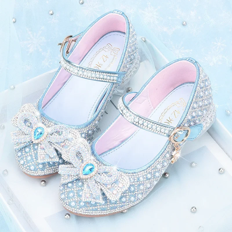 Spring Girls\' High Heels Silver Rhinestone Pearl Princess Shoes Children\'s Leather Shoes Kids Crystal Performance Shoes