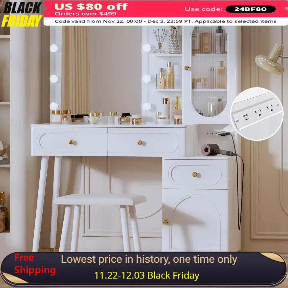 Vanity Desk with Mirror and Lights, with Chair, Makeup Table with Power Outlet and 10 Lights, Vanity Desk