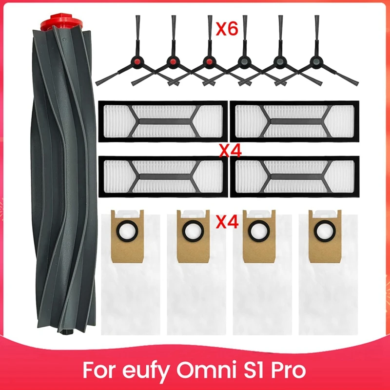 A25F-Replacement Kit For Eufy Omni S1 Pro Robot Vacuum Cleaner 1 Roller Brush,6 Side Brushes,4 Hepa Filters,4 Dust Bags