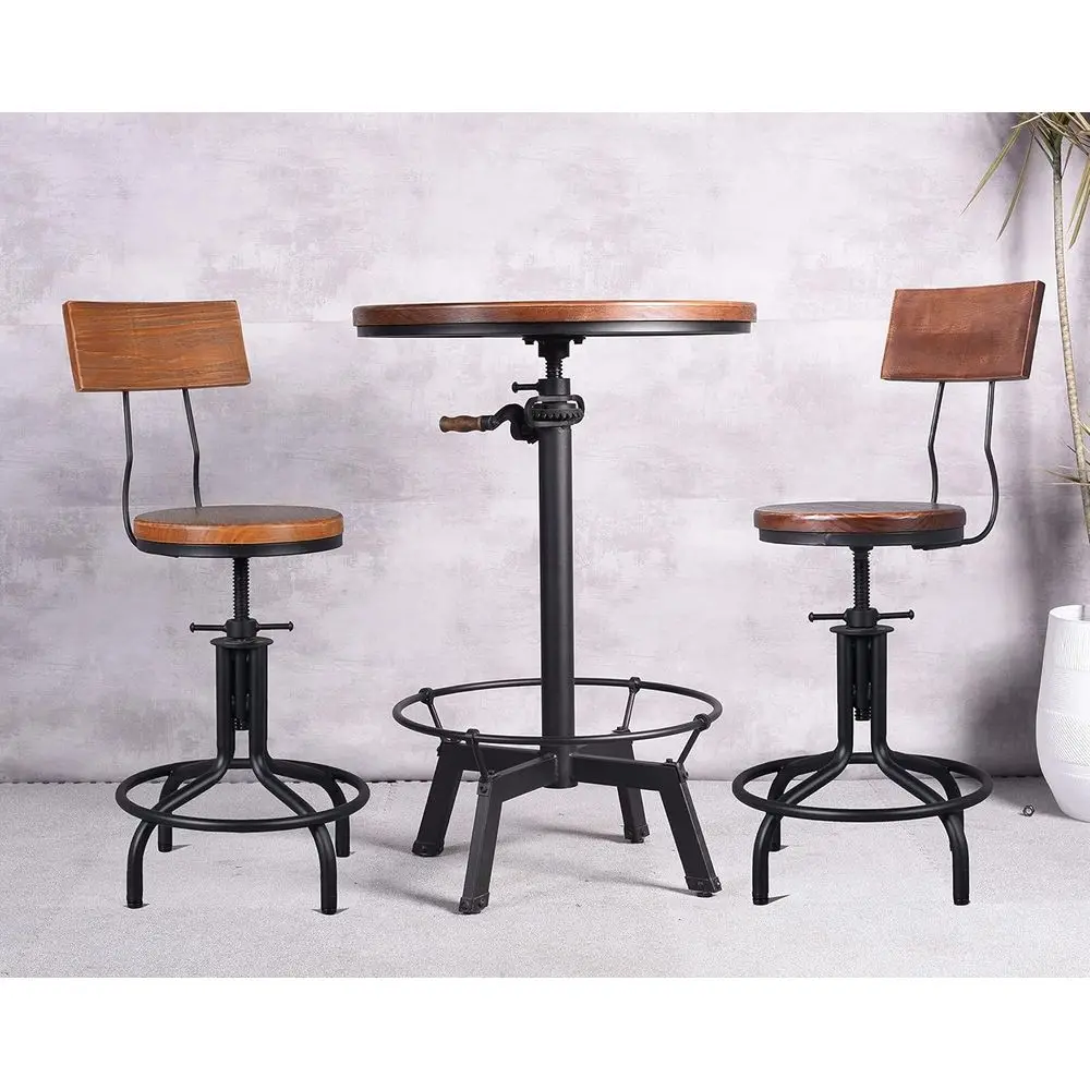 

Металлический барный стол и стулья с регулируемой высотой и деревянными спинками, черный (1 стол + 2 стула)