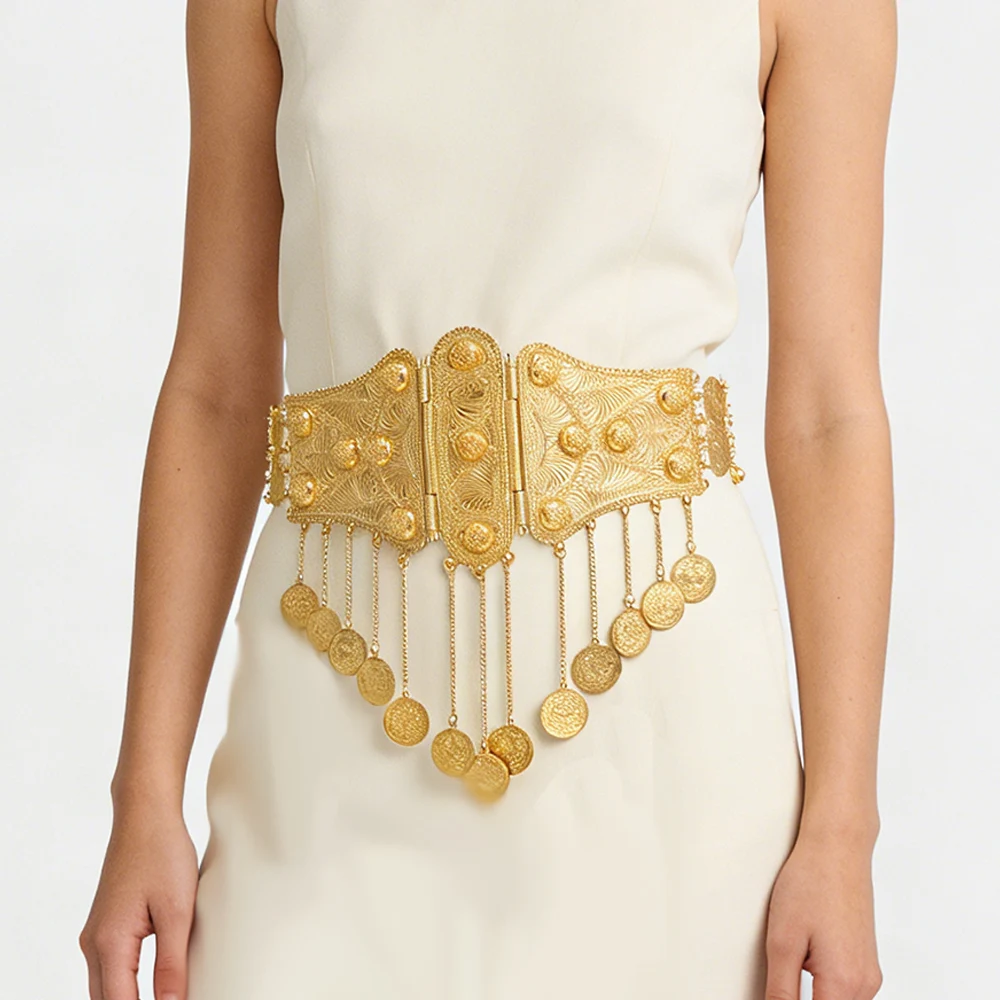 Gold Plated Alloy Carved Coins Tassel Wide Waist Chain Belly Belt Hollow Butterfly Kurdish India Turkey Traditional Jewelry