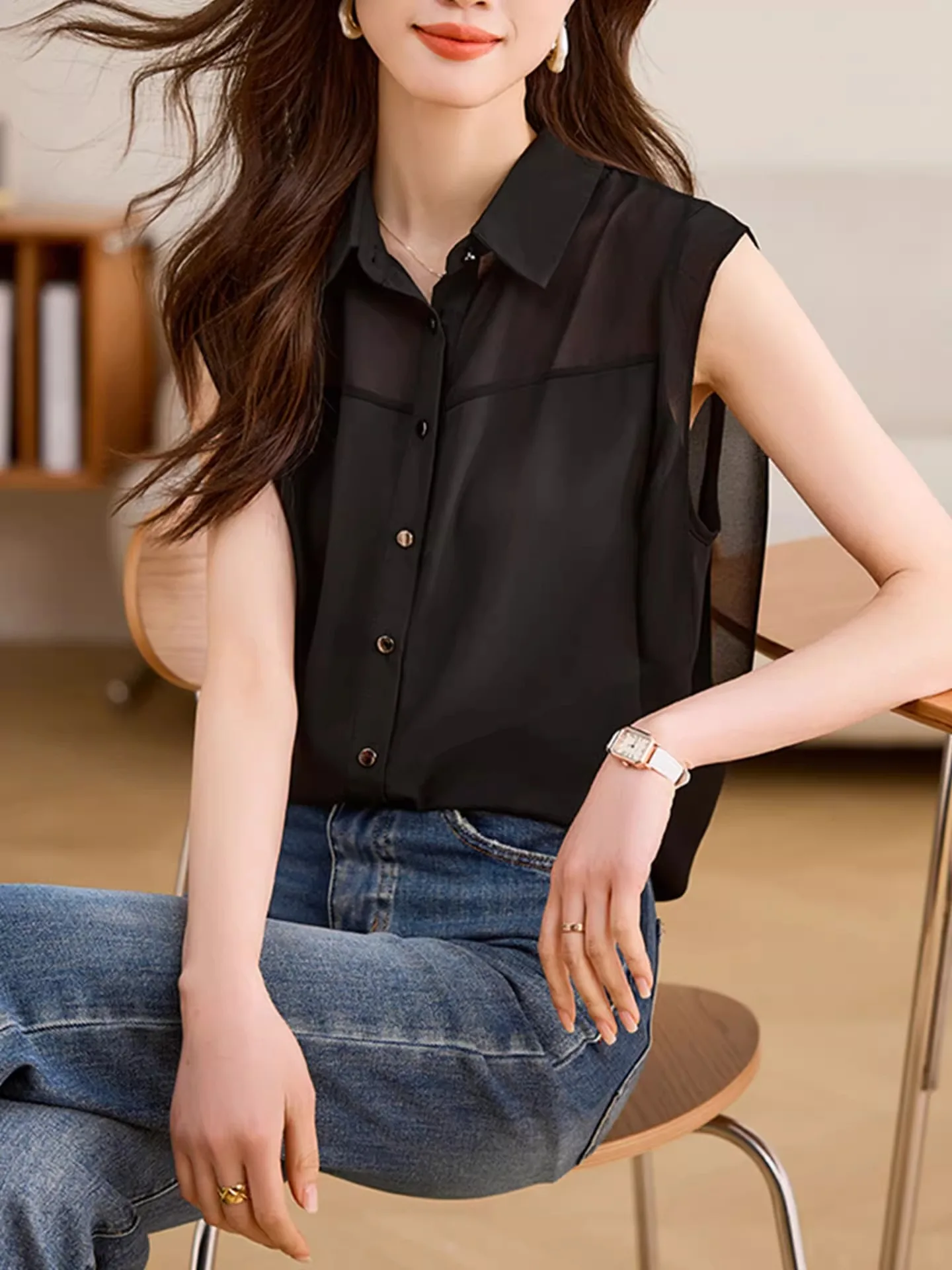 Csa Sem Mangas de Chiffon Respirável com Botão Único em Cor Sólida Design de Verão de Alta Qualidade Moda Fena Top