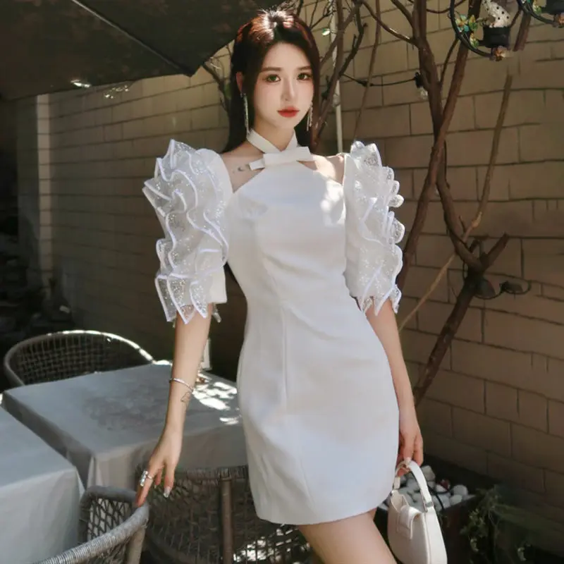 French dress with high-end  niche design, long waisted puff sleeve dress, summer new style for women