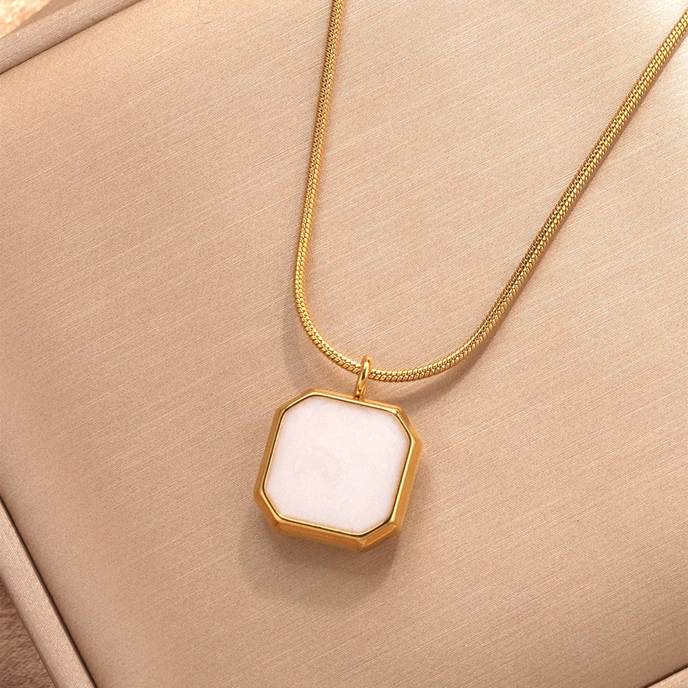 Stainless Steel Fashion Gold Plated Minimalist Blue Natural Stone Geometric Polygonal Pendant Feminine Charm Necklace Jewelry