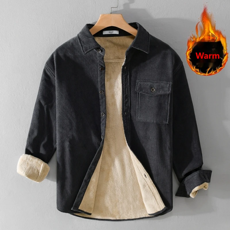 Men's Corduroy Shirt Jacket Heavyweight Winter Long Sleeve Button Down Shirt Vintage Cargo Flannel Lined Shirt Coat