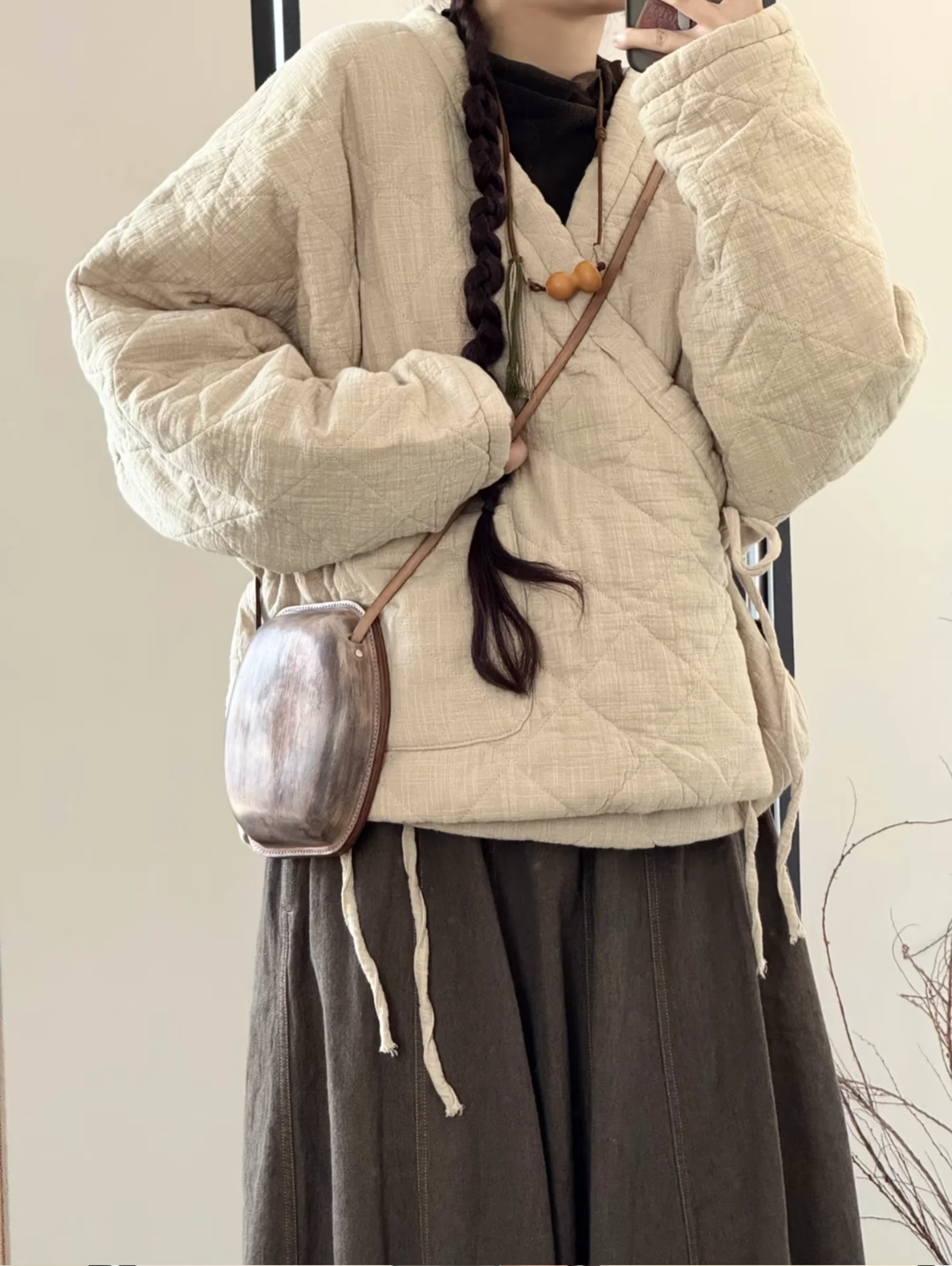 Warmth And Style: New Women's Cotton Linen Set Hanfu Zen Style Quilted Coat Short Length Geometric Pattern Belted for Autumn