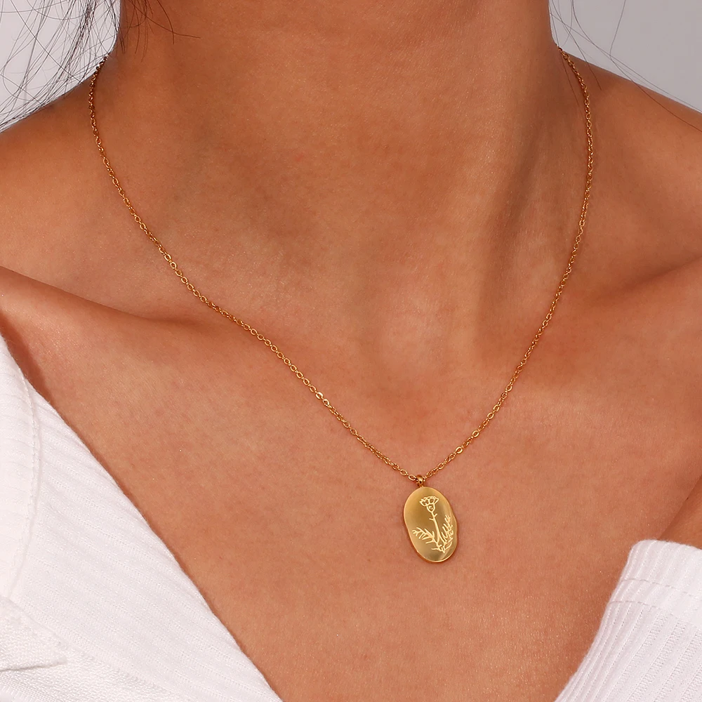 E.B.belle Unique Tarnish Free Irregular 12 Months Flower Pendant Necklace Stainless Steel Gold Plated Birthstone Necklace Gifts