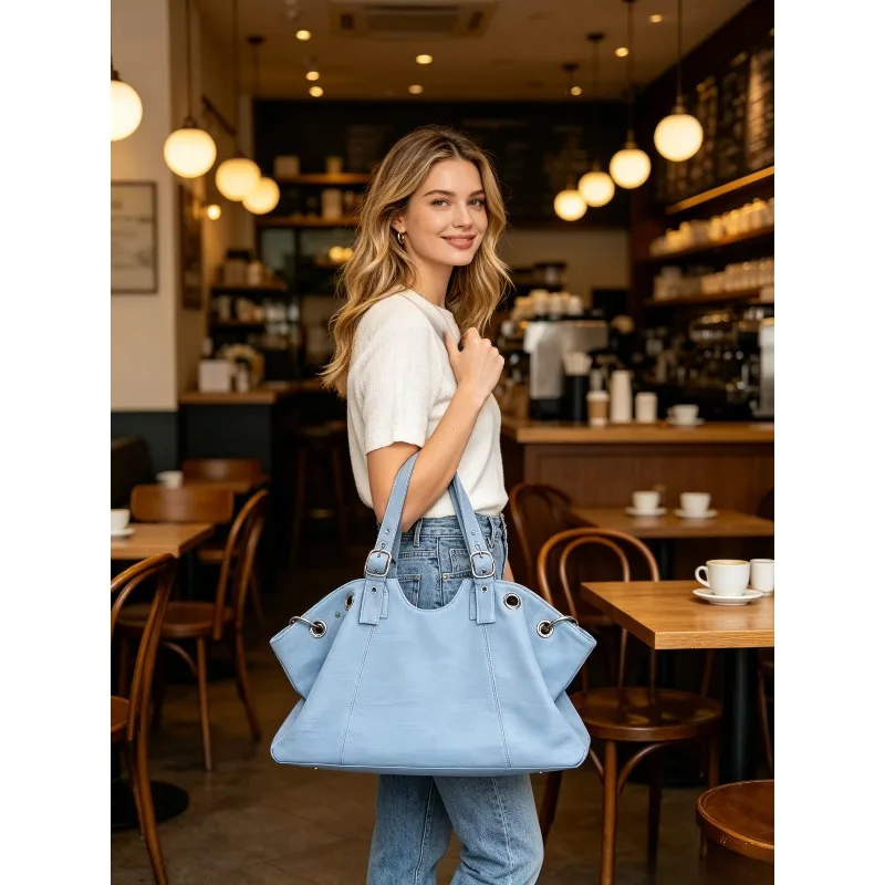 Women Trendy Cool Biker Tote Bag Spacious Shoulder Purse For Commuting And Travel