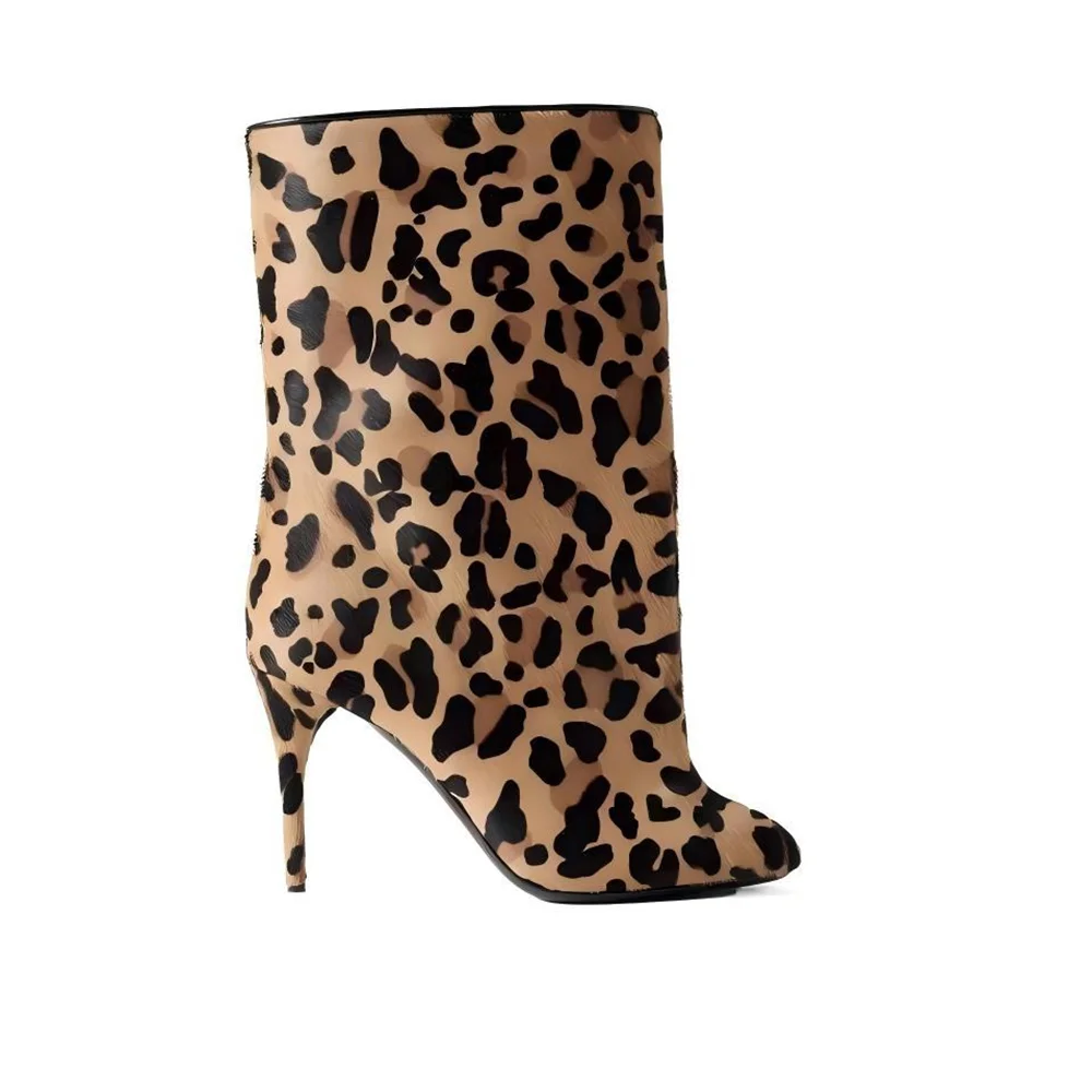 Women Leopard Print Mid Calf Boots Elegant Pointed Toe Stiletto High Heel Slip On Fashion Boots for Party Club Daily Wear