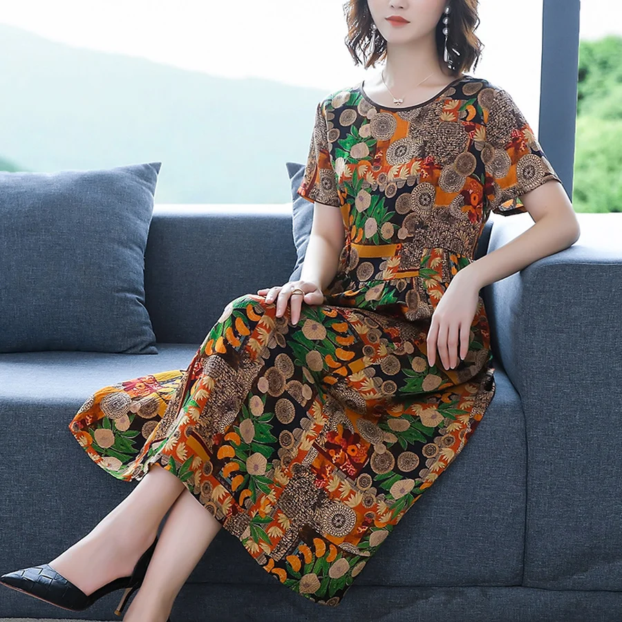 2024 Vintage Print Natural Silk Midi Dresses Summer Fashion New Office Lady Runway Dress Elegant Women Bodycon Party Vestidos