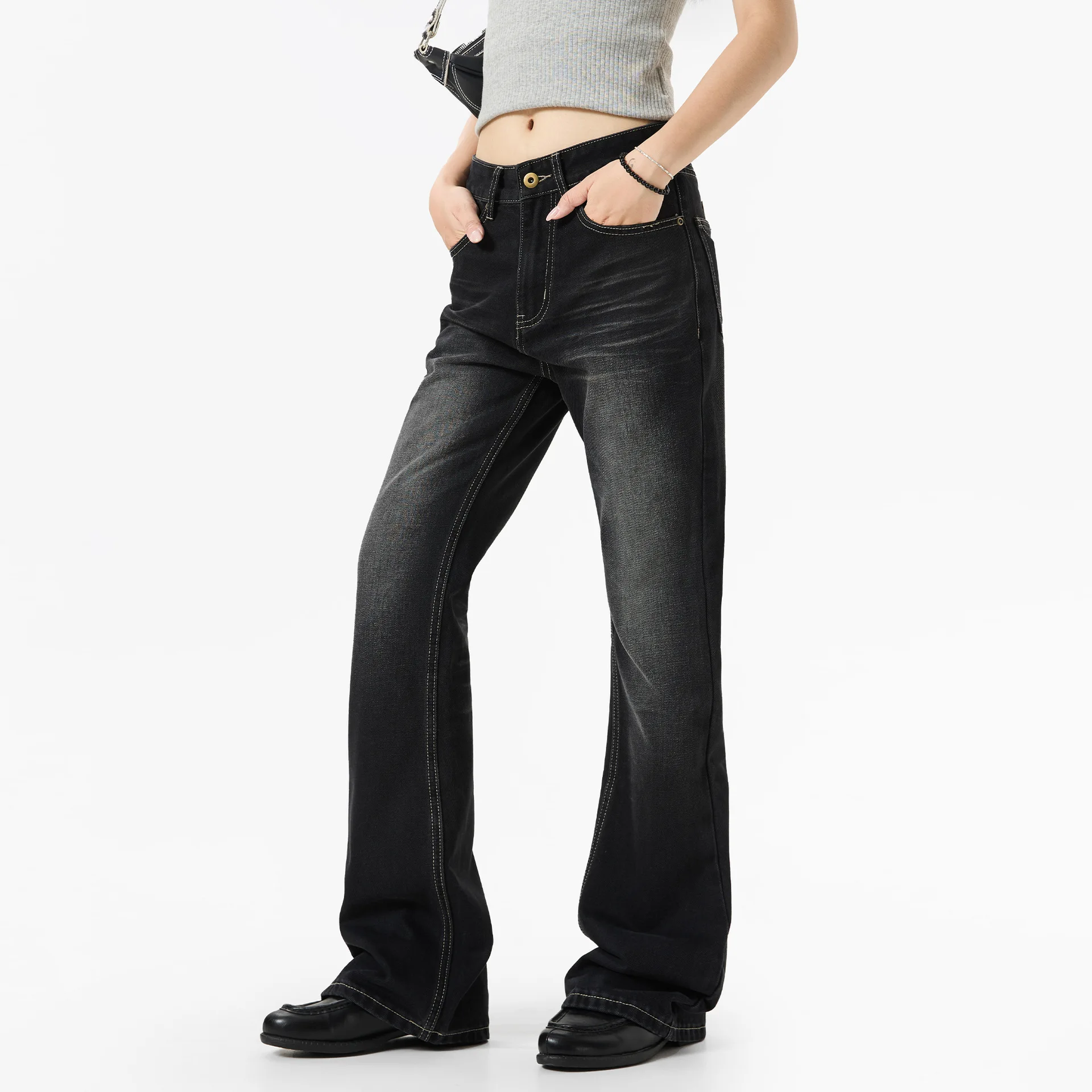 OR FL Women's American Pleats Micro Speaker Jeans Niche Design Sense Retro Cat Whiskers Texture Women Black Trousers Y2k