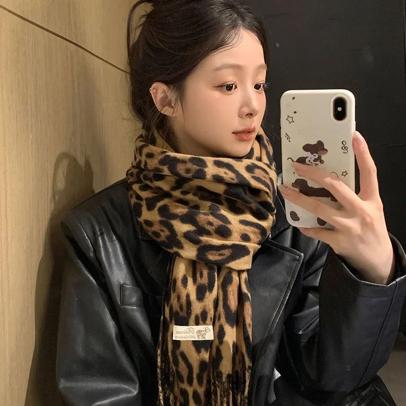 Leopard Tassel Scarf Female Retro Winter Thickened Warm Shawl Embroidered Label Classic Y2K Korean Gothic Scarf Nightclub Party