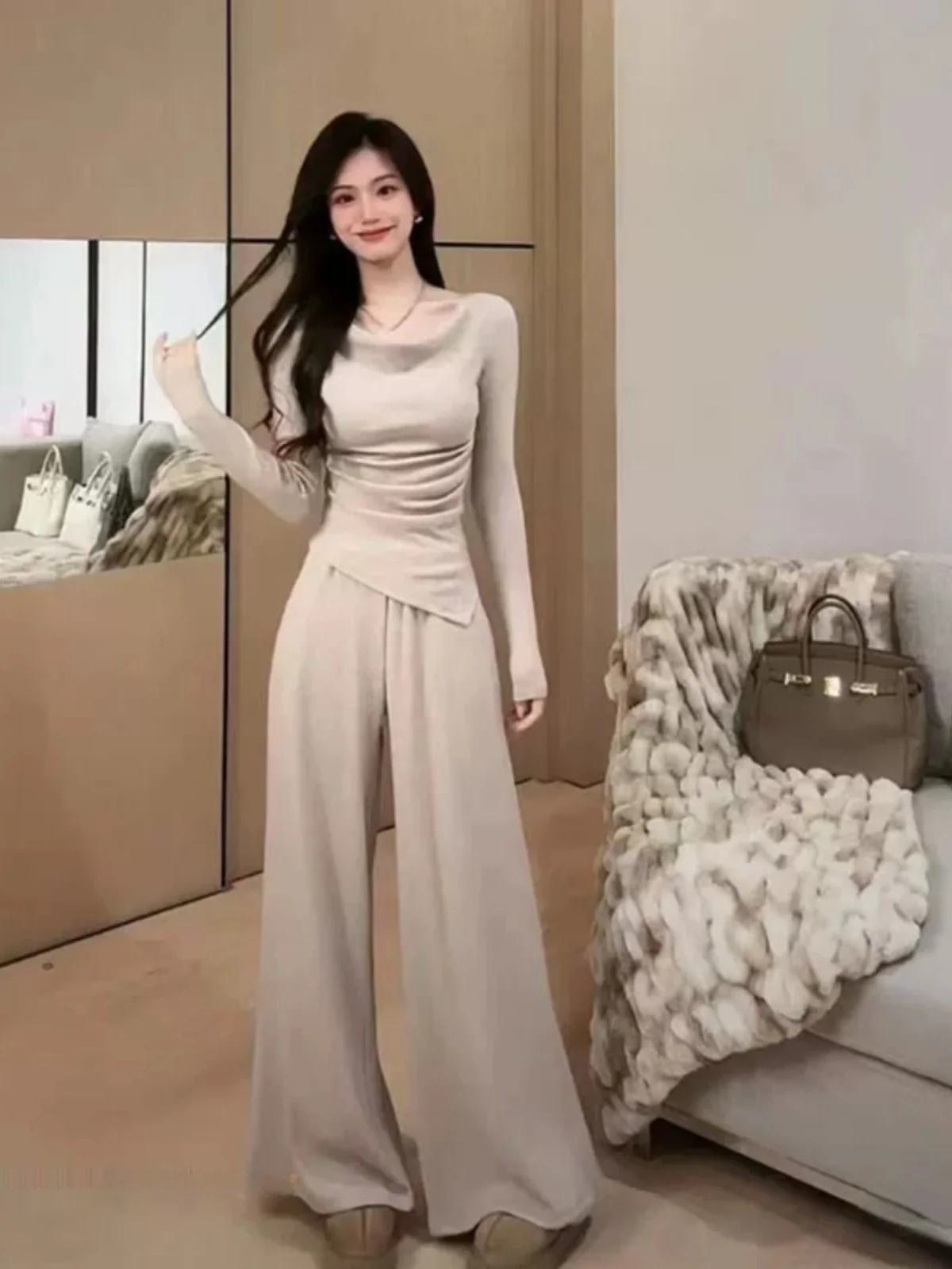 

Elegant High Waist Wide Leg Pants Two Piece Set Women's Long Sleeve Casual Outfit Autumn Winter New Style French Style
