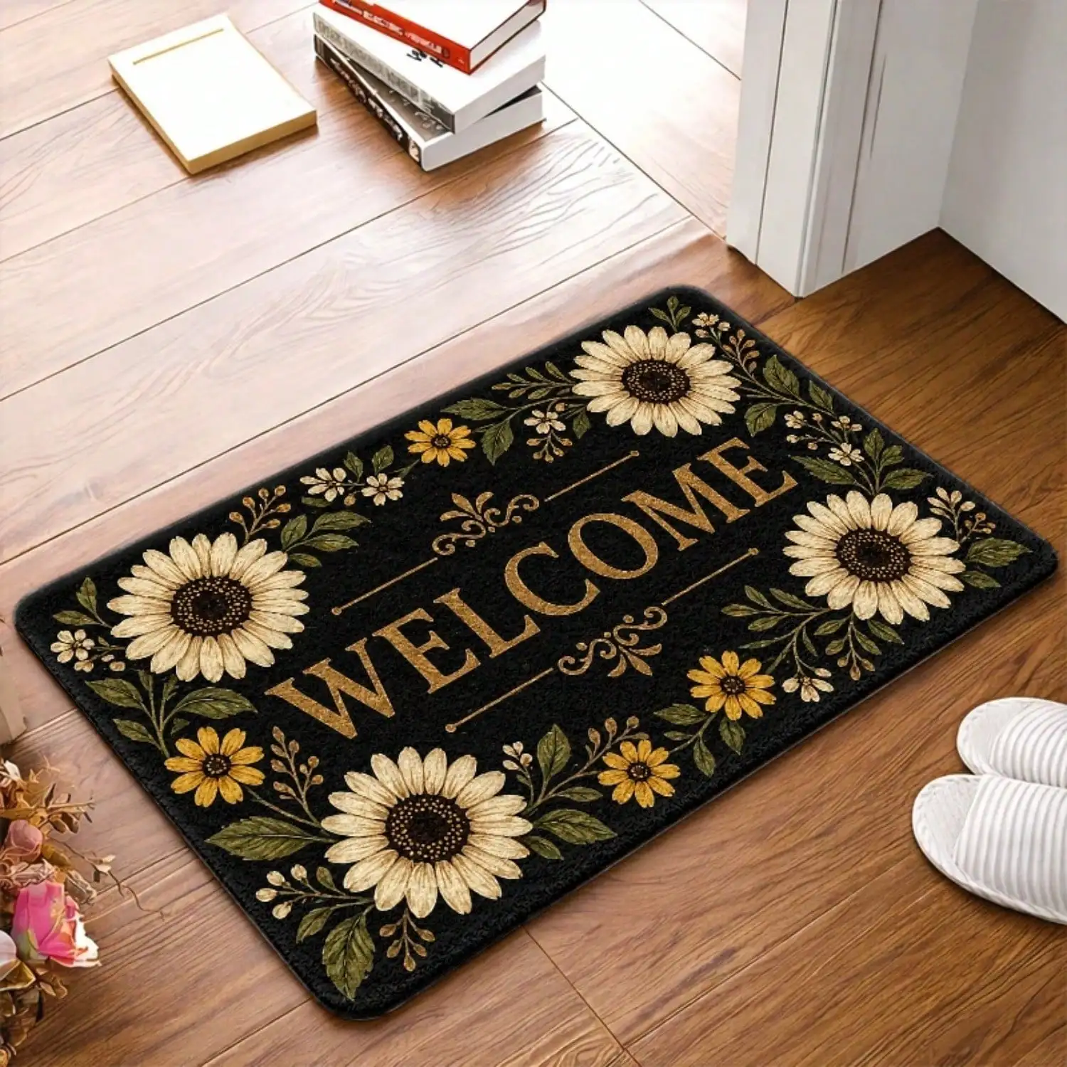 1pc Vintage Sunflower Welcome Slogan Art, Machine Washable, Durable, Doormats, Bath Mat, Ideal For Indoor Entryway, Outdoor Front Door Mat, Living Room Area