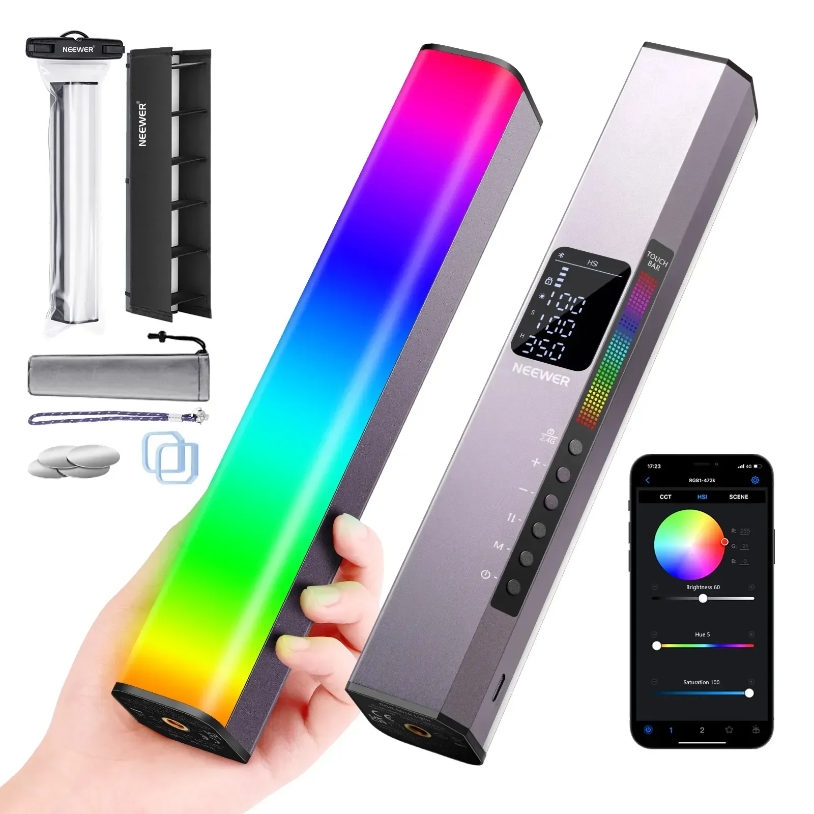 

NEEWER RGB LED Video Light Stick, Touch Bar & APP Control, Magnetic Handheld Photography Light, Dimmable 3200K~5600K CRI98+