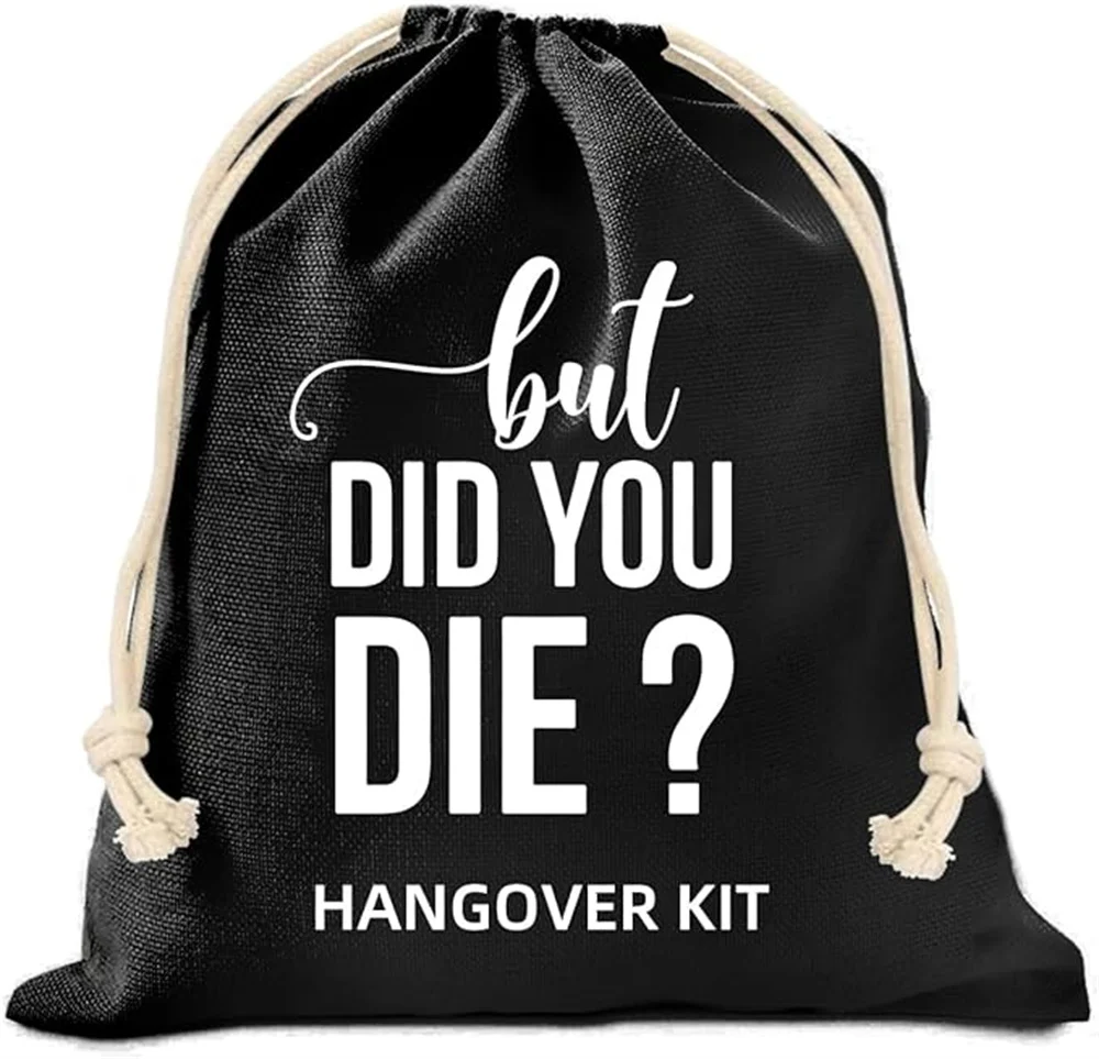 

Set of 10 Funny Cotton Muslin Drawstring kit Black Bags - But Did You Die, Bachelorette Hangover Survival Kit Engagement Wedding