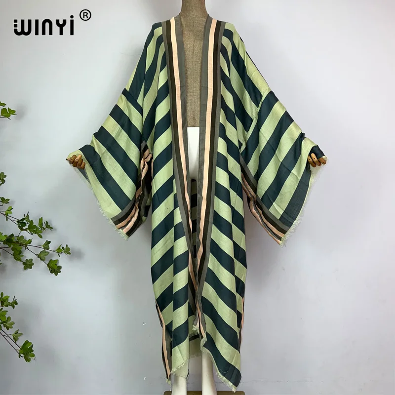 Winyi Kimono Afrika Sommer Boho Streifen Druck Strand Bade bekleidung elegante Strickjacke sexy Urlaub Maxi Strand tragen Badeanzug Abendkleid