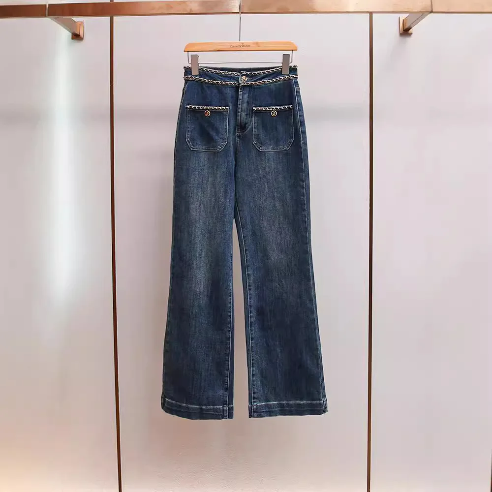 

Джинсы женские прямого кроя с высокой талией, широкими штанинами, в американском стиле, с цепочками, стройнящие, высококачественные, ретро, осенние, модные, длинные брюки