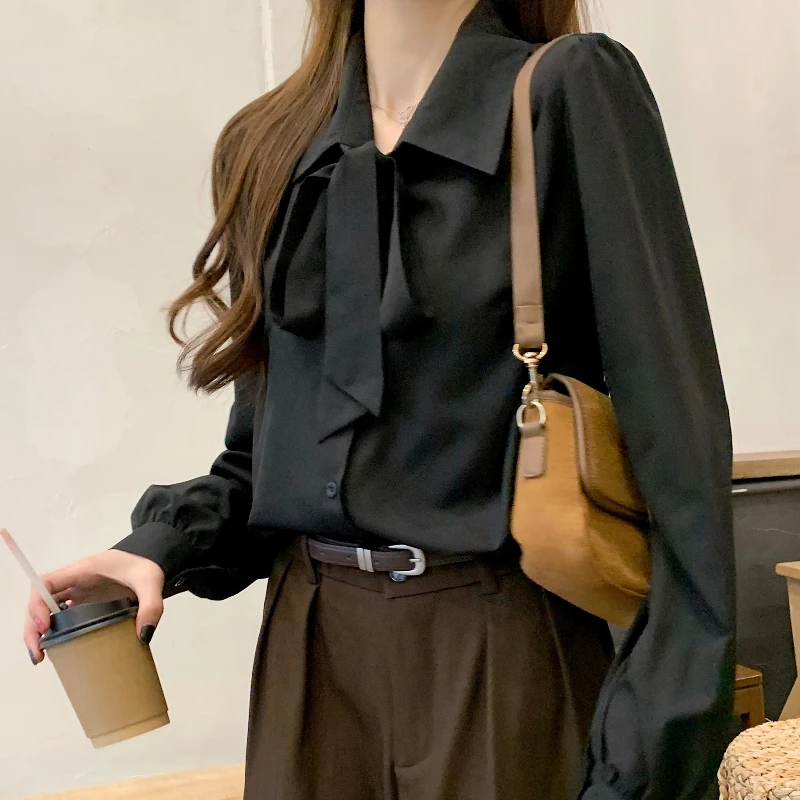 ボウレースアップランタンスリーブ女性ブラウスY2Kレディース無地プラスサイズシャツファッション韓国風スイート新作シングルブレストレディーストップス