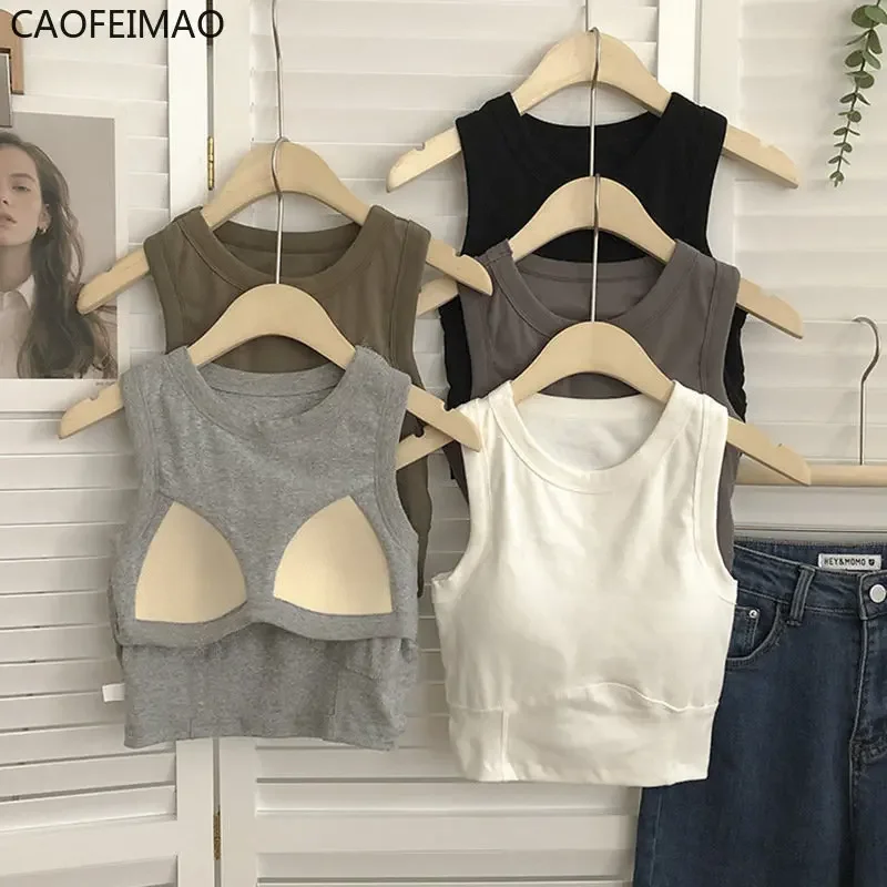 2025 Top Women Seamless Summer Streetwear Slim Solid Wireless Crop Tops with Chest Pad Undershirt Sleeveless Camisole Top