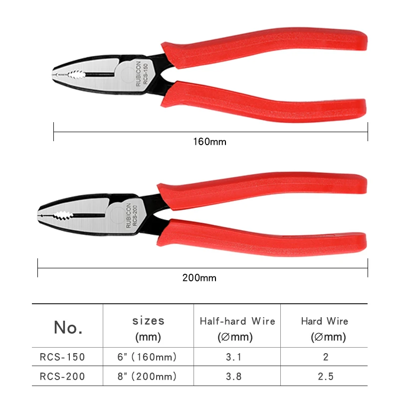 RUBICON Tool Combination Pliers with Wire Stripper Electrician Plier Ergonomic Design Polished Surface Wire Cutters RCS-150 200