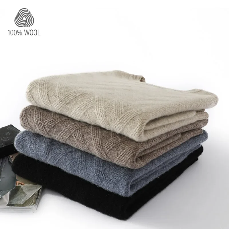 100% Merino Wool Sweater Autumn Winter Thick Crewneck Knitted Pullover Warm Casual Top Plus Size S-3XL
