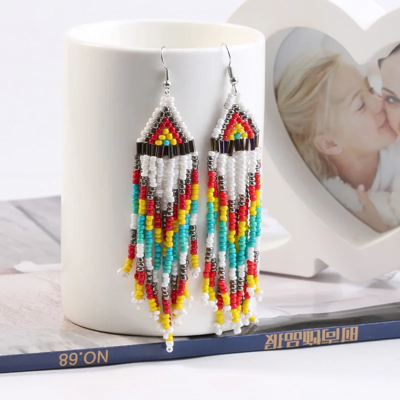 Kymyad Bohemian Beaded Drop Earrings Ethnic Long Earring Retro Handmade Beads  Earrings Tassel Chains Earings Fashion Jewelry