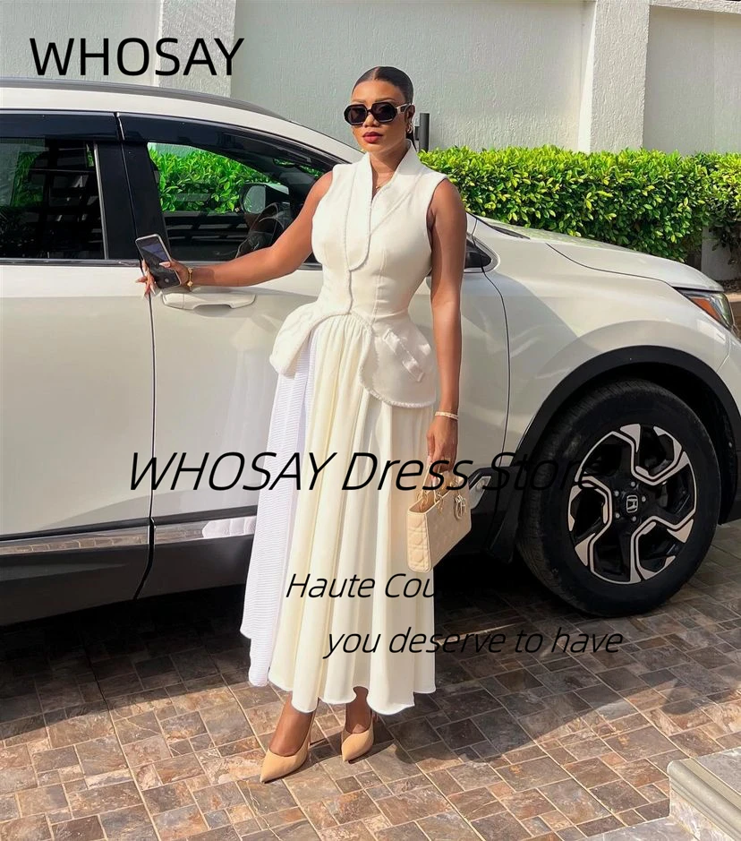 WHOSAY South African Ankle Length Prom Dresses V Neck Beading Sleeveless Evening Party Dress Contrast Color Robe Des Marrige