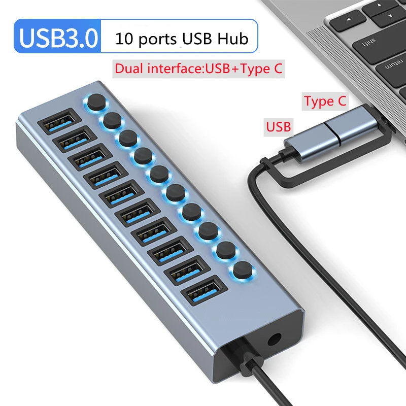 Aluminum Alloy Dual Interface Type C + USB 4/7/10 Ports USB 3.0 Hub Extender for Laptop PC MacBook HP Lenovo Dell ASUS Splitter