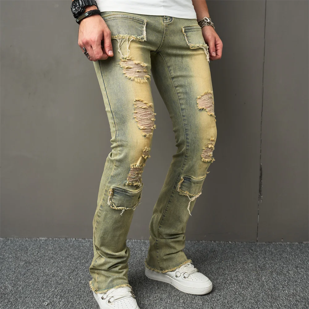 Vintage Style Men Streetwear Holes Spliced Slim Jeans Trousers Hip hop Stylish Distressed Stretch Denim Pants For Male