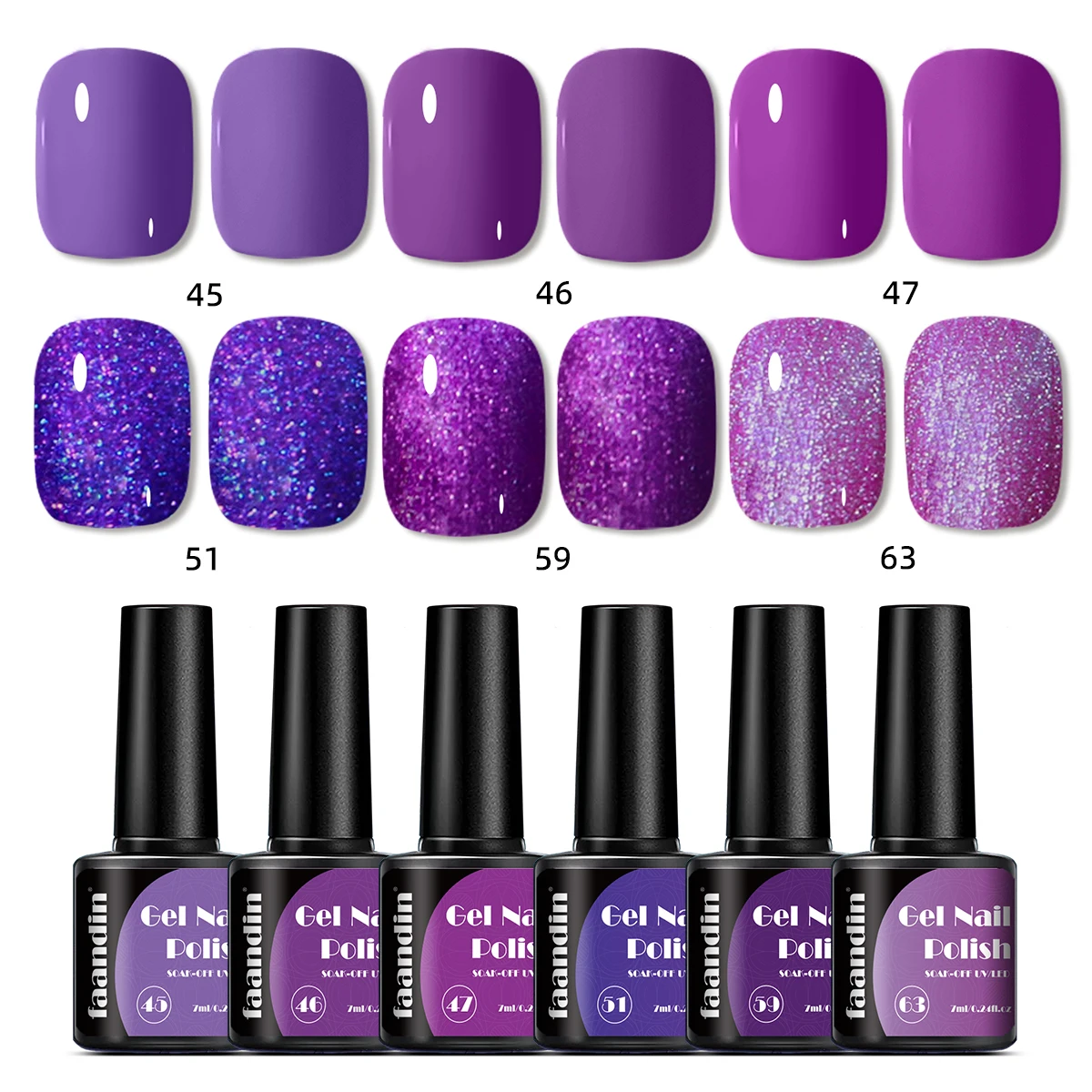 زجاجة Faandin 7 مل 1، طلاء أظافر جل بلون موحد، جل طلاء أظافر من سلسلة أرجوانية مختارة، مصباح الأشعة فوق البنفسجية سريع الجفاف، خالي من الكحول، لون كامل، ليس من السهل تشبع عالي، سهل التشبع في المنزل، يمكن استخدامه في صالونات الأظافر العناصر الأساسية، والمواعدة،