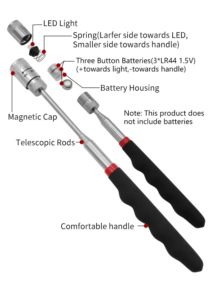 Teleskopisch verstellbare magnetische Aufnahmewerkzeuge, magnetischer Teleskop-Magnetgriff, langer Stift, Teleskop-Magnetstab mit LED-Licht – Detail 6