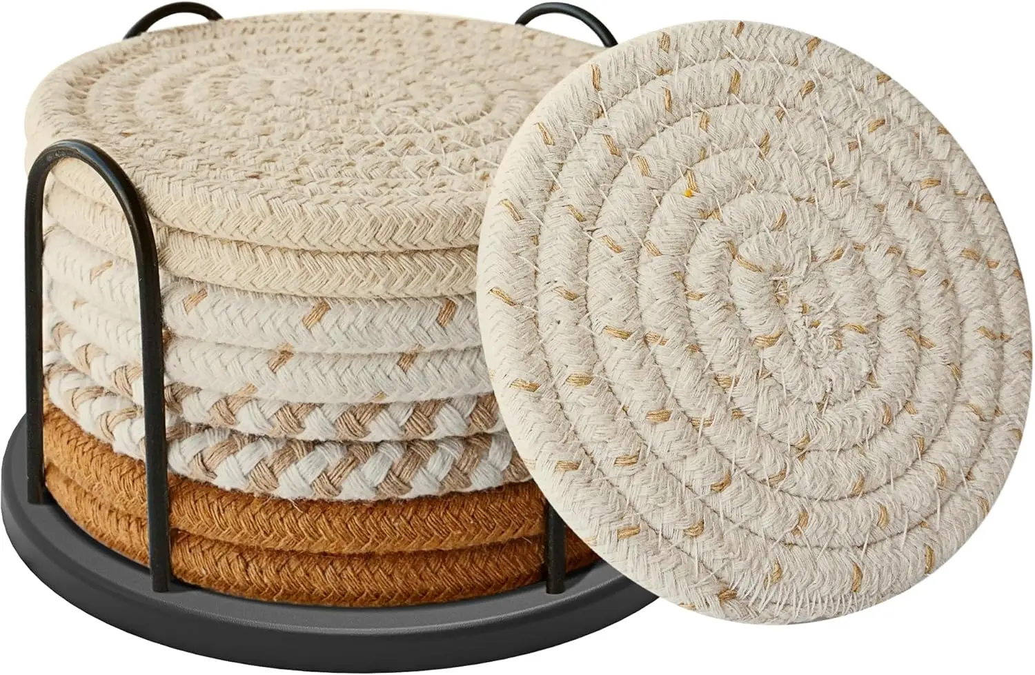 Set of 8 for Drinks, Beer, Coffee, Cotton Woven 4 Colors Absorbent Coaster with Holder, Boho Coasters for Tabletop Protection
