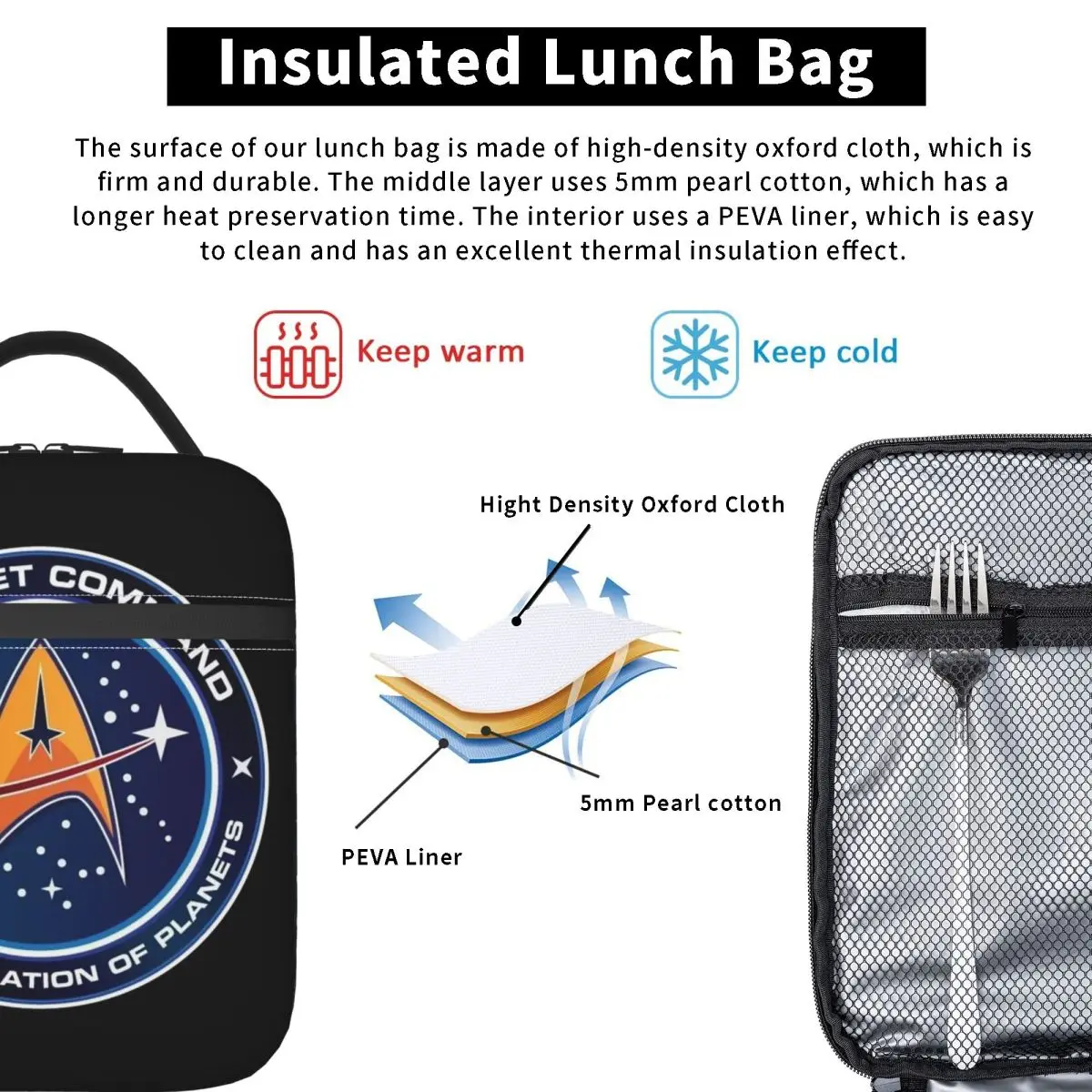Y2k Stars Treks Starfleet Commend Insulated Lunch Bag for Women Children Portable Food Boxes Thermal Lunch Box Tote