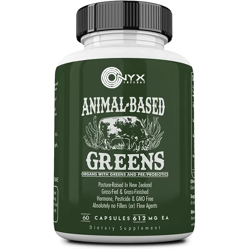 

Green powder capsules containing spirulina,microalgae,grass fed beef organs,and probiotics, promoting intestinal health, non GMO