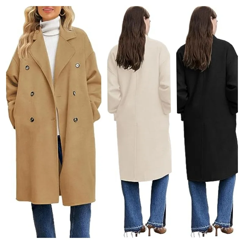 

European and American Women's Double Breasted Warm Coat Winter Fashion Gap Lapel Wool Blend Coat Long Jacket Solid Color Fashion