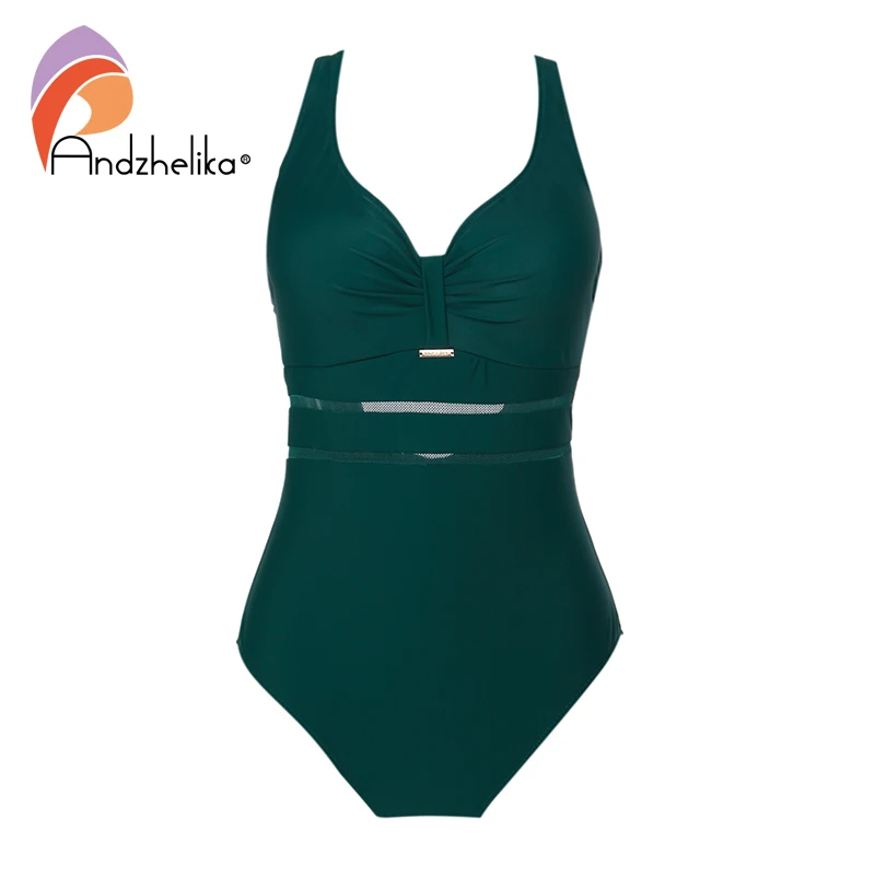 Andzhelika Solid Plus Size One-Piece Swimsuit Women Sexy Mesh Push Up Swimwear Bathing Suit Bodysuit 2023 Beach Female Monokini