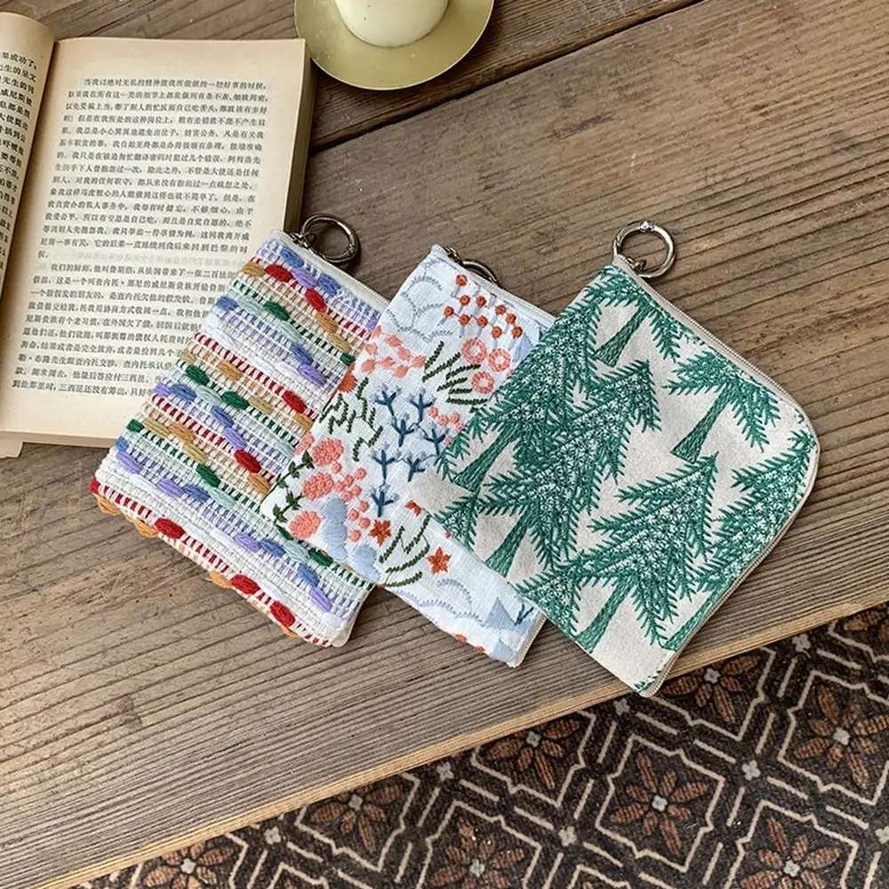 Monedero portátil de estilo étnico, bolsa de almacenamiento con bordado de flores de lino y algodón, bolsa ligera con cremallera, bolsa de cosméticos pequeña para mujer