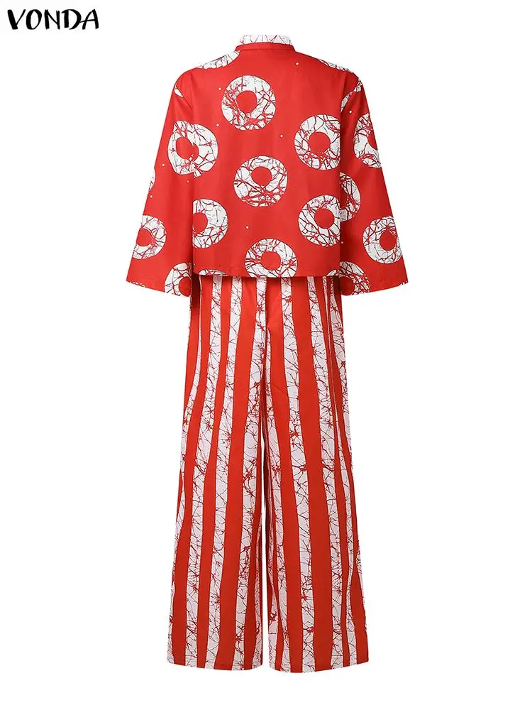 فوندا حجم كبير بانت مجموعات النساء البوهيمي 2 قطعة وتتسابق الخريف 3/4 كم قمصان الموضة بنطال ذو قصة أرجل واسعة طباعة خمر 2 قطعة 5XL #2