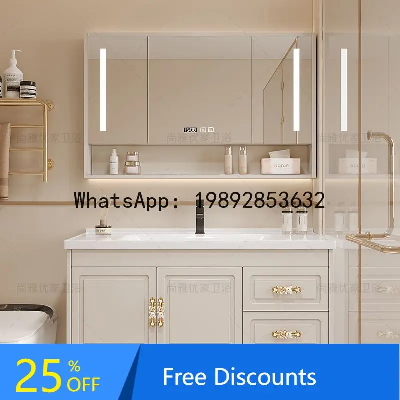 

CZ Simple Milk Tea Color Solid Wood Bathroom Cabinet Set with Ceramic Integrated Wash Basin for Washing Face and Washing Up