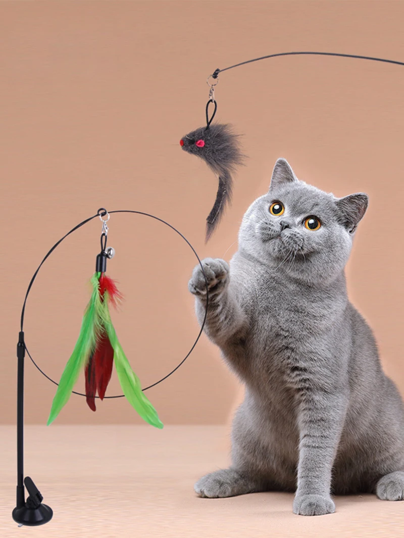 Katzenspielzeug, Simulationsvogel, interaktiver Vogel mit Saugnapf und Feder, mit Glocke, Katzenstab, Spielzeug für Kätzchen, Teaser-Stab, Katzenzubehör – Detail 1