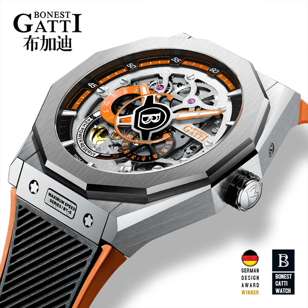 

BONEST GATTI Men's Luxury Automatic Mechanical Watch Frame Dial Sapphire Luminous Hands Fluororubber Strap 5ATM German Design
