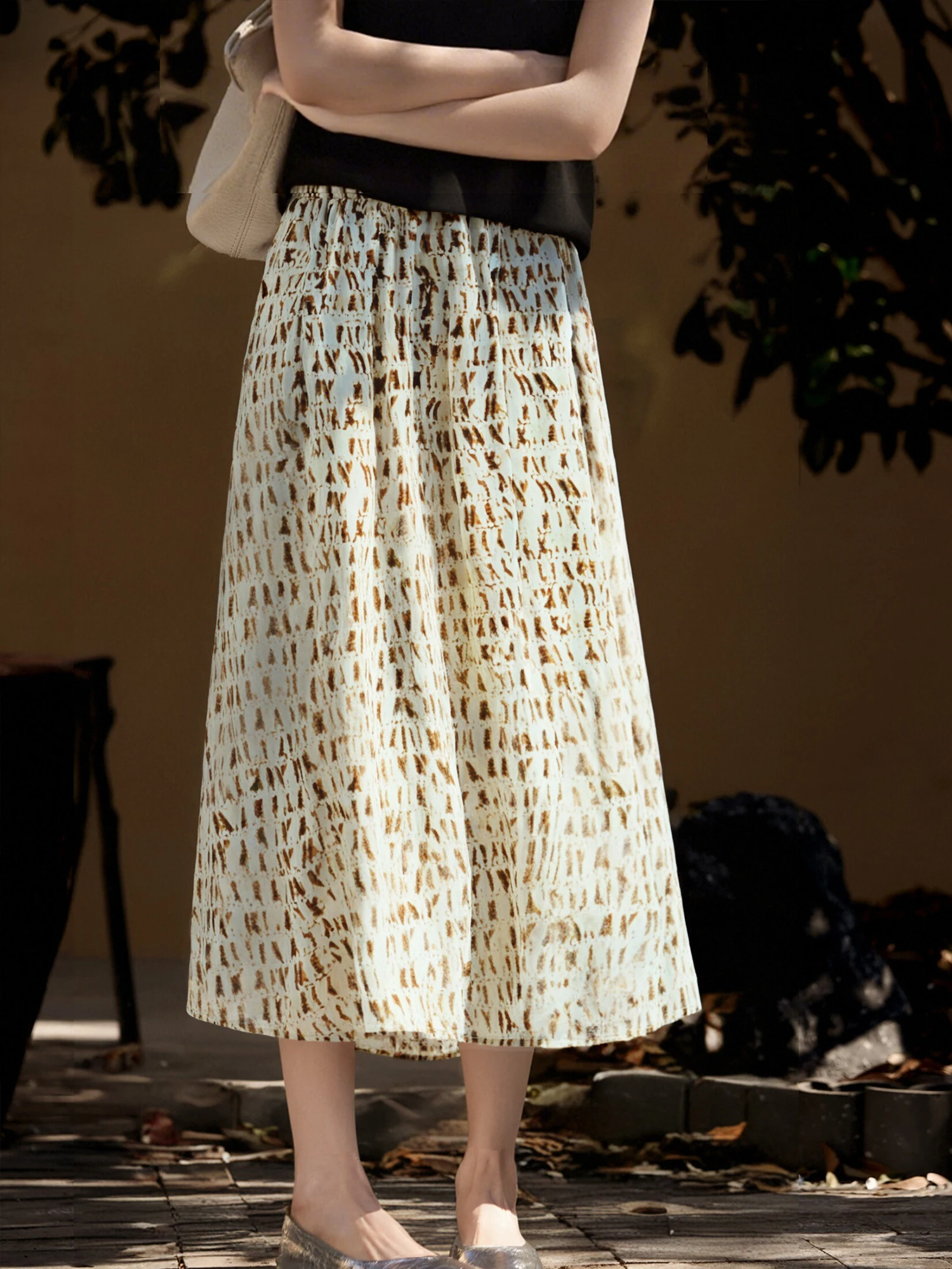 

Chivirin Summer New Sle Floral Print A-Line Midi Skirt Women's Ele Versatile Flared f-length Polyester Fiber Skirts