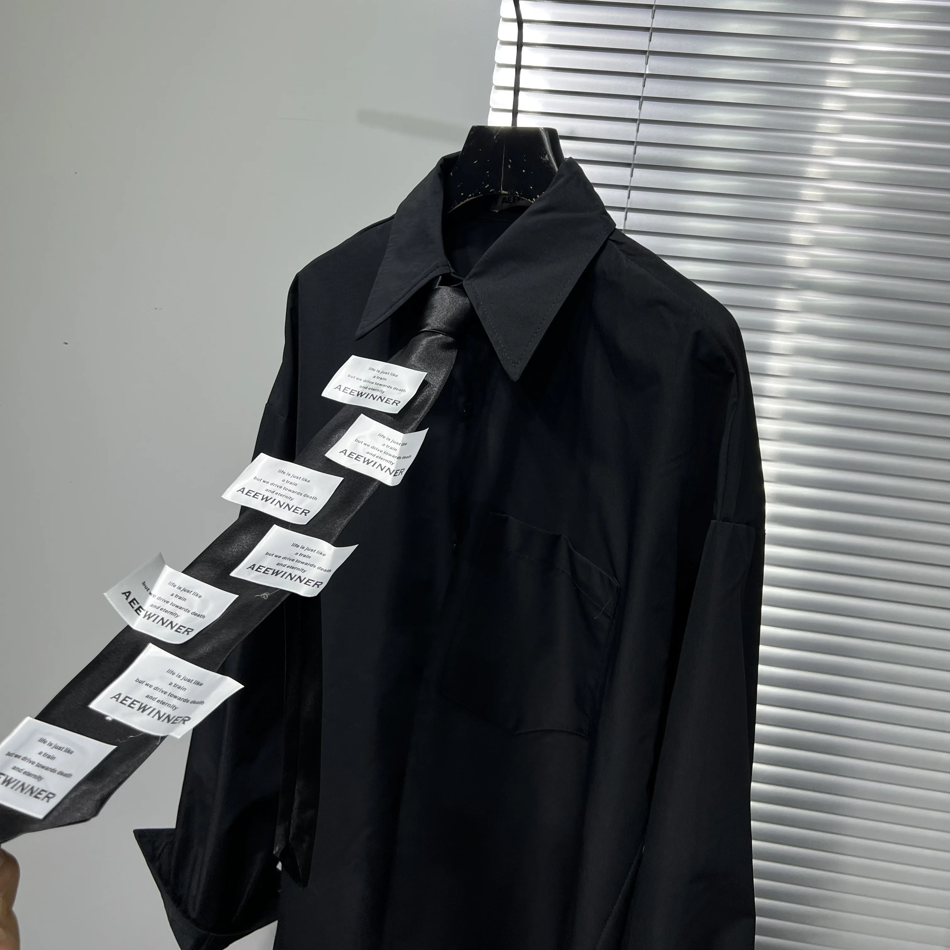 Autumn Dark Design Sense Personality Tie Decoration Loose Handsome College Style Shirt Men Ins Long Sleeve Shirt Trendy