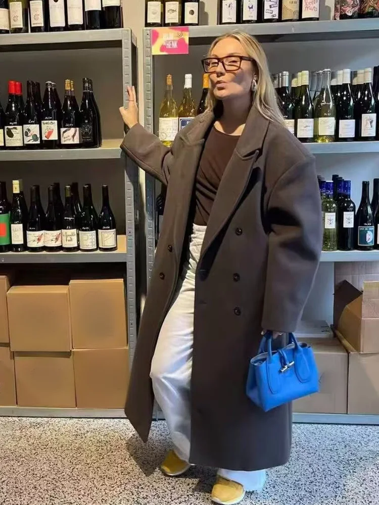 

HH Winter Woman Fashion Solid Long Sleeves Double Breasted Lapel Loose Long Coat Female Versatile Casual Commuting Long Overcoat