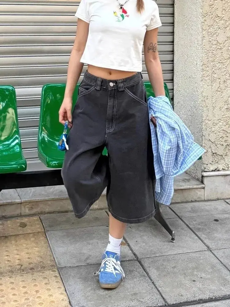 ADAgirl Vintage Black Denim Shorts Women Low Waisted Oversized Make Old Straight Wide Leg Summer Jeans Pants Kpop Causal Bottoms