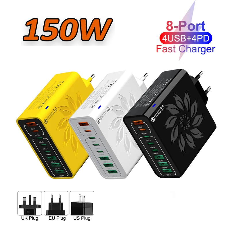 

Быстрое зарядное устройство для телефона Xiaomi 150 Вт, многопортовое зарядное устройство USB Type C PD 8 в 1, адаптер для быстрой зарядки QC3.0 для iPhone, Samsung, Huawei
