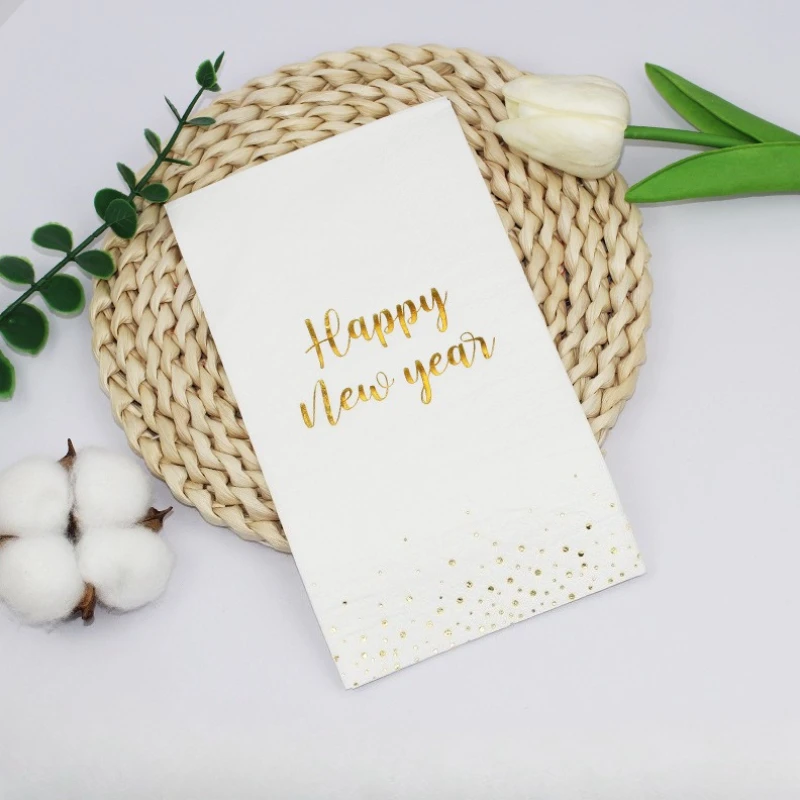 20 قطعة مناديل ورقية طويلة فاخرة للاستعمال مرة واحدة لتزيين طاولة حفلات عيد الميلاد ورأس السنة الجديدة، سنة جديدة سعيدة مختومة بالذهب #2