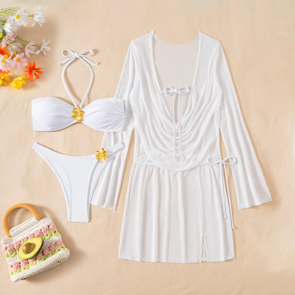 

sexy white bandeau metal flower bikinis sets 3pcs with mesh long sleeve wrinkled tie mini dress swimsuit bathing suit biquini