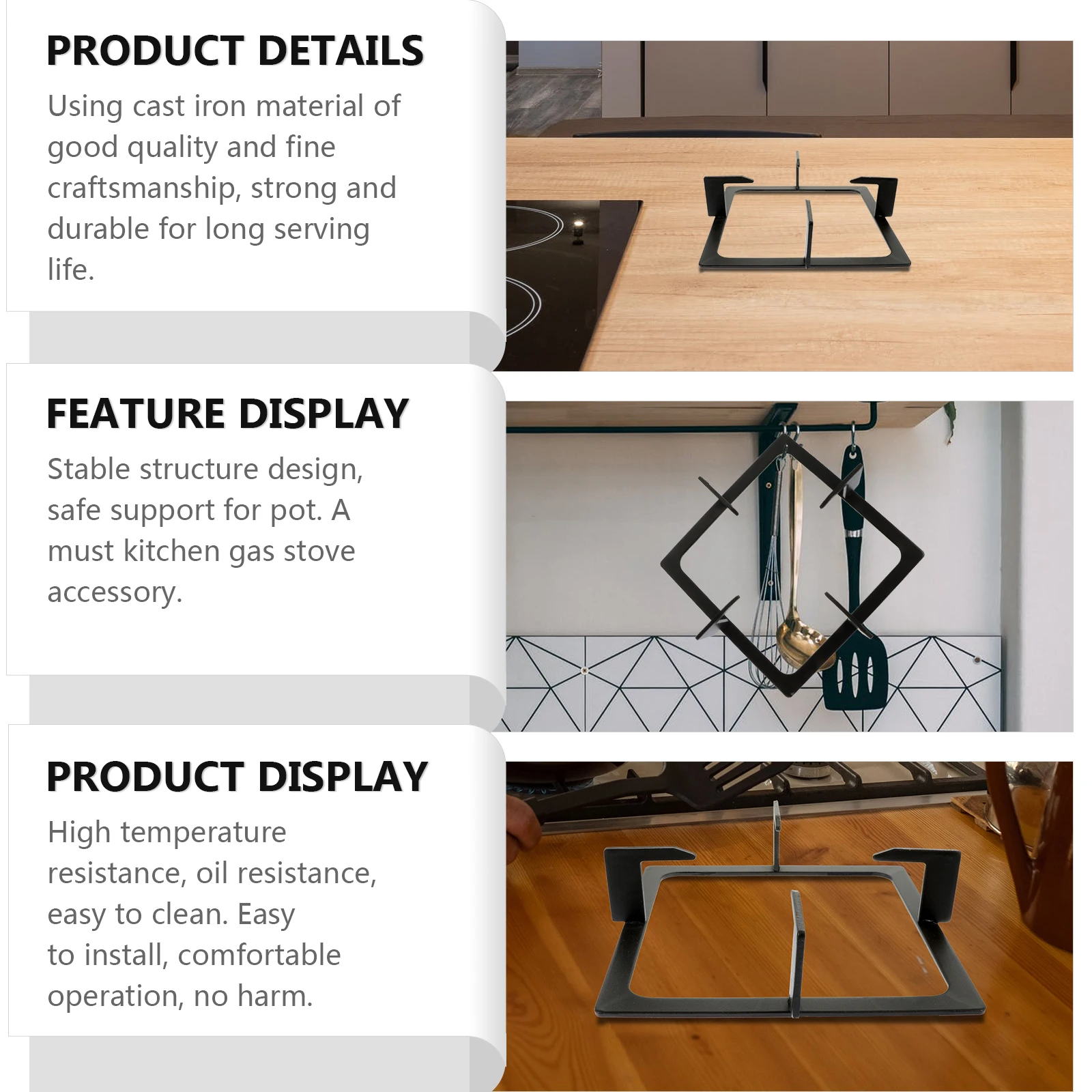 

Square Stove Rack Cast Iron Gas Stove Bracket Kitchen Supply Wok Grates High Temp Resistance Easy Clean Anti Slip Stable